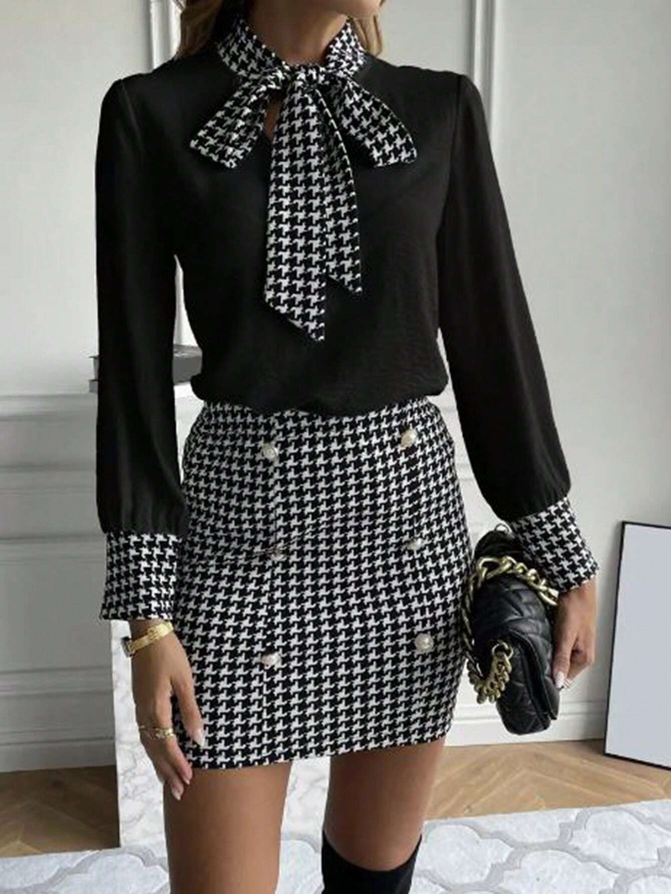 Houndstooth Spaghetti Strap Top And Skirt Set shein