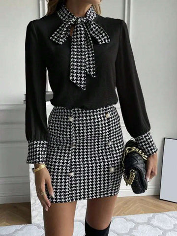 Houndstooth Spaghetti Strap Top And Skirt Set shein