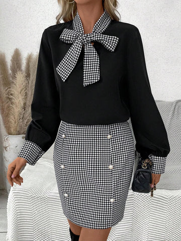 Houndstooth Spaghetti Strap Top And Skirt Set shein