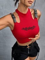 ICON Buckle Strap Decorated Hollow Out Shoulder Cropped Tank Top shein