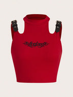 ICON Buckle Strap Decorated Hollow Out Shoulder Cropped Tank Top shein