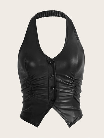 ICON Button Front Backless PU Leather Halter Top shein