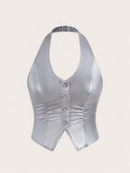 ICON Button Front Backless PU Leather Halter Top shein