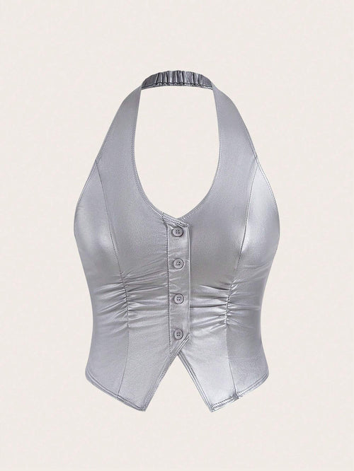 ICON Button Front Backless PU Leather Halter Top shein