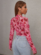 ICON Heart Print Crop Mesh Heart Tights Top shein