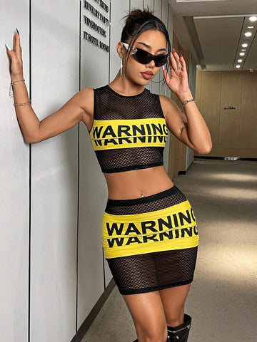 ICON Mesh Fishnet Outfits With Letter Print Patchwork shein