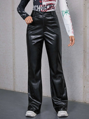 ICON PU Leather Flare Leg Pants shein