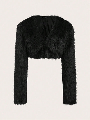 ICON Solid Open Front Crop Fuzzy Coat shein