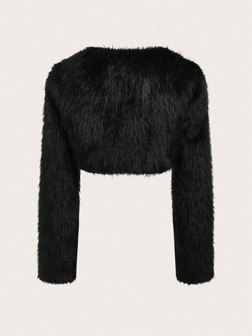 ICON Solid Open Front Crop Fuzzy Coat shein