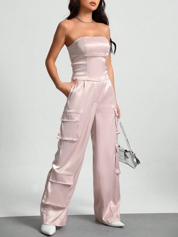 ICON Solid Tube Top & Flap Pocket Side Cargo Pants shein