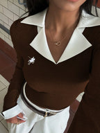 Women's Casual Colorblock Lapel Long Sleeve Top shein