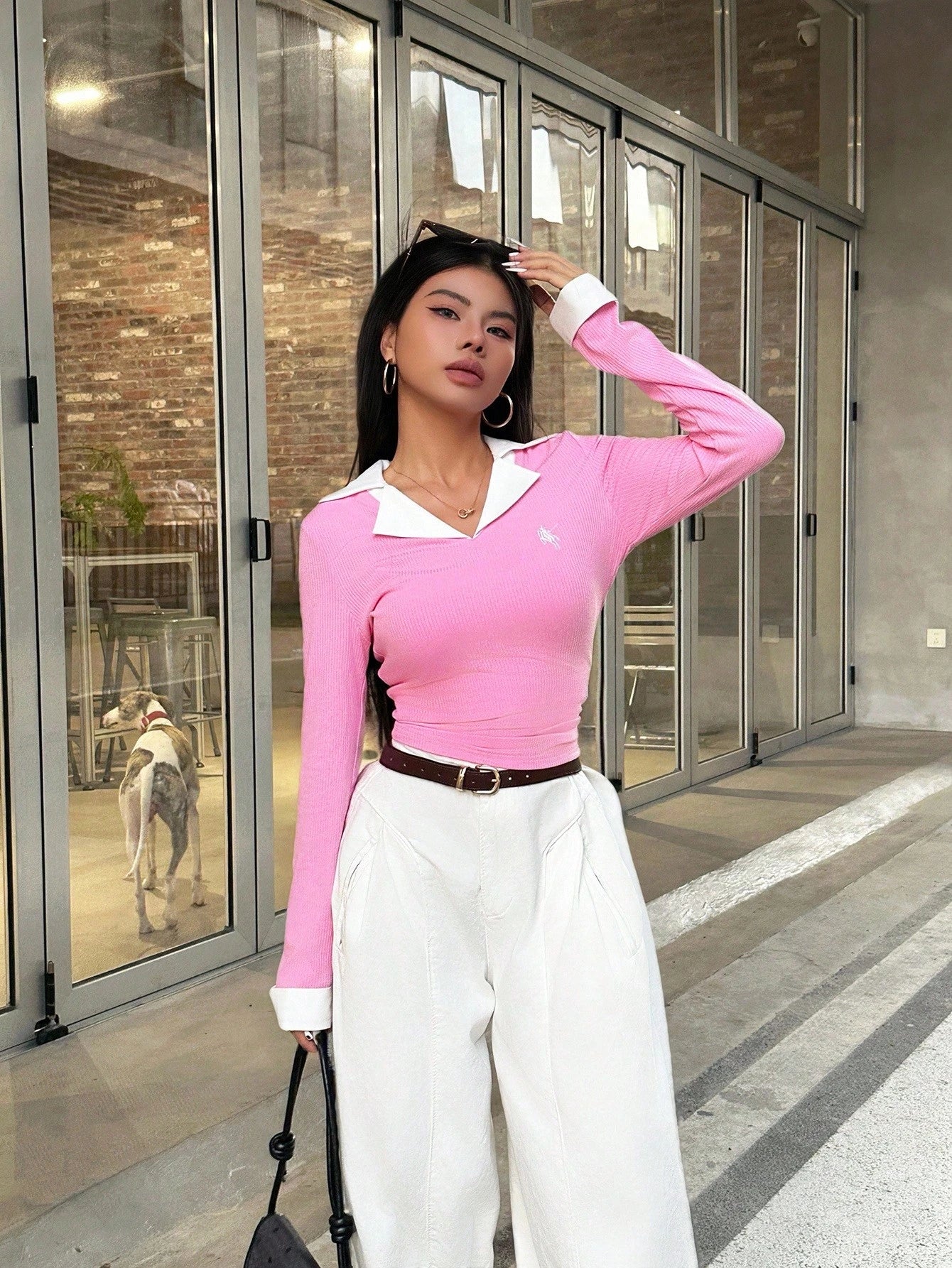 Women's Casual Colorblock Lapel Long Sleeve Top shein