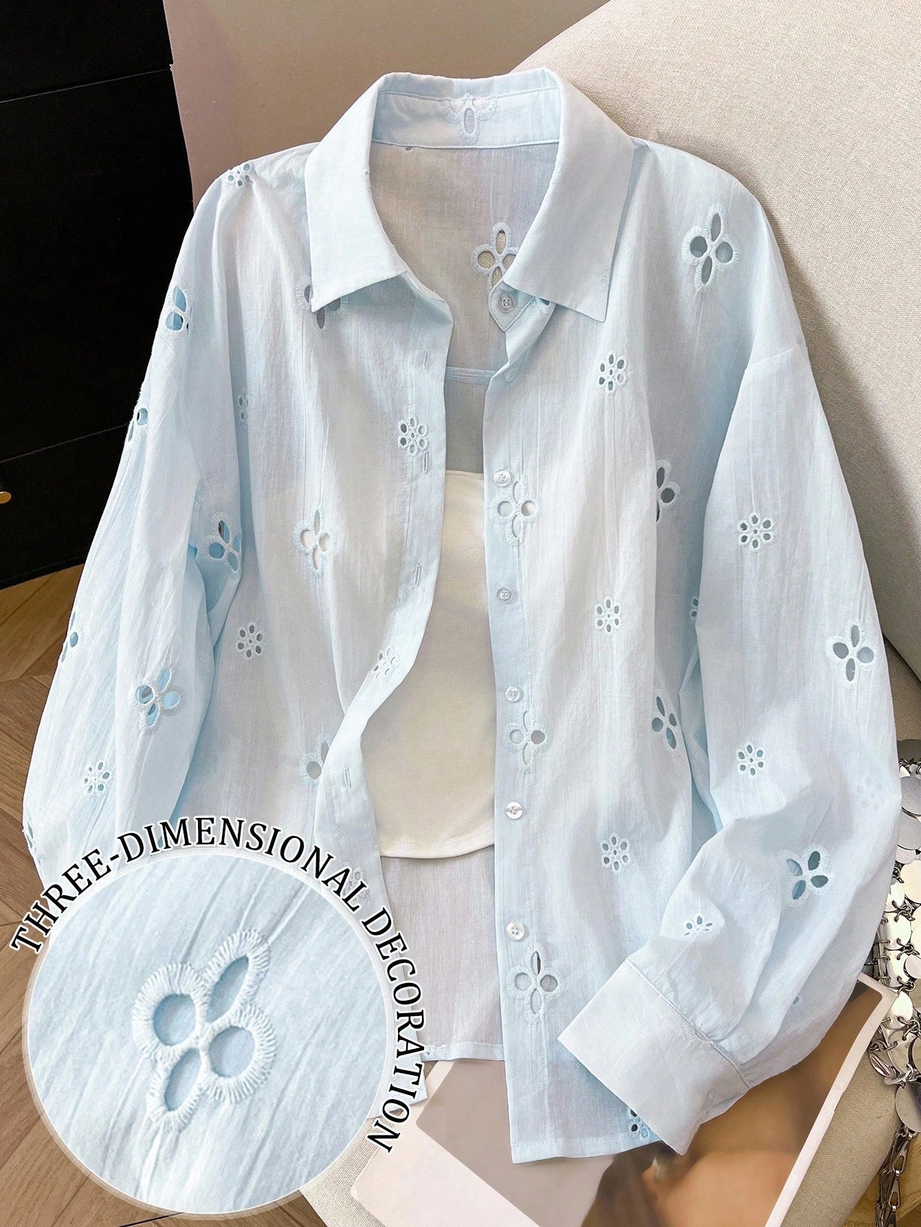 Women's Solid Color Minimalist Casual Hollow Long Sleeve Shirt shein