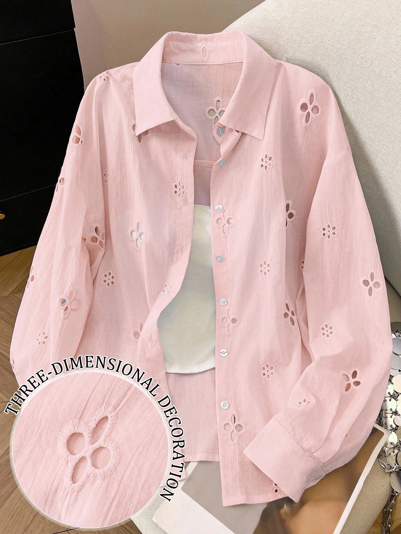 Women's Solid Color Minimalist Casual Hollow Long Sleeve Shirt shein