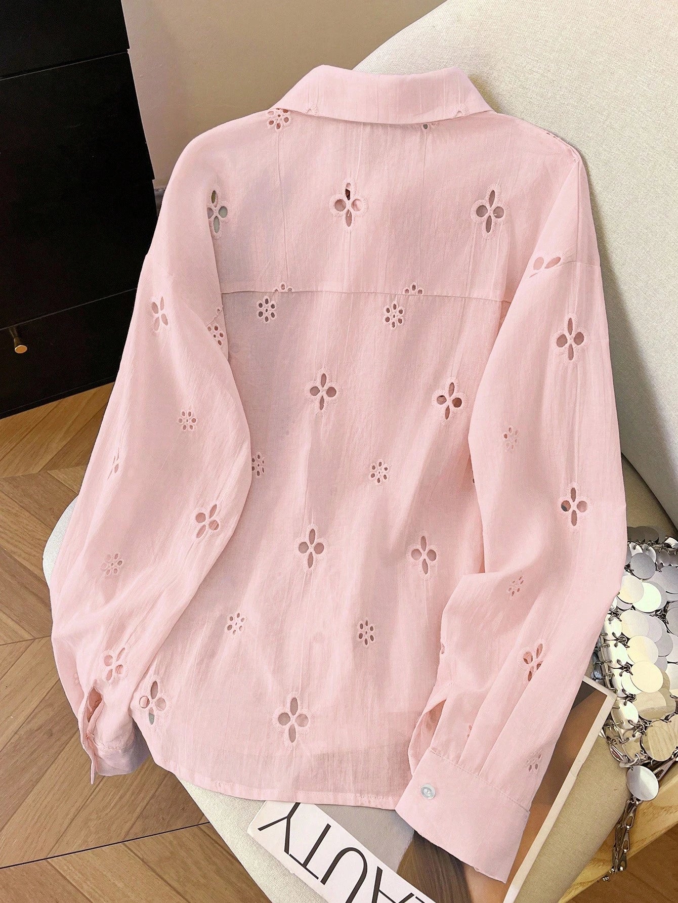 Women's Solid Color Minimalist Casual Hollow Long Sleeve Shirt shein
