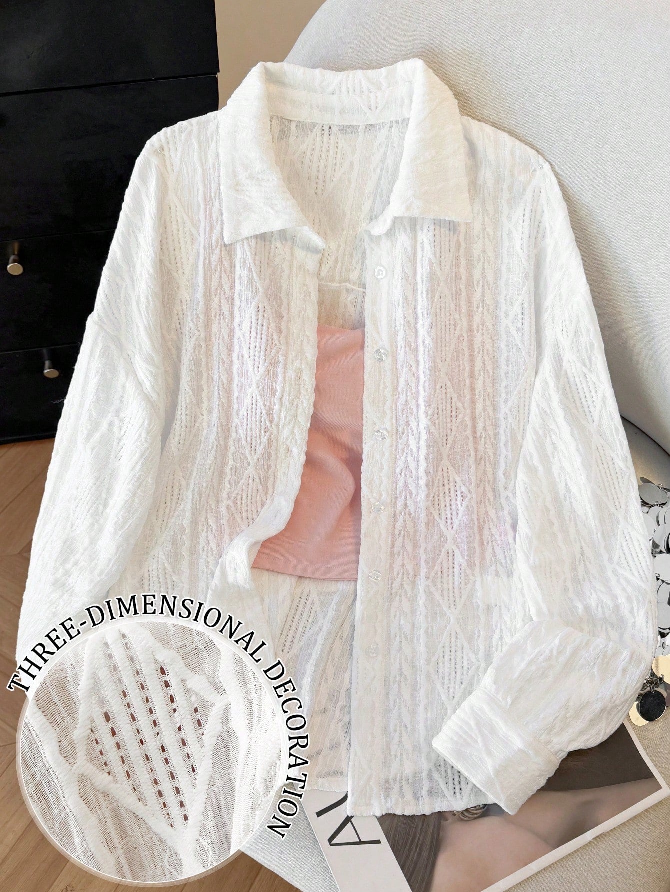 Women's Solid Color Minimalist Casual Hollow Long Sleeve Shirt shein