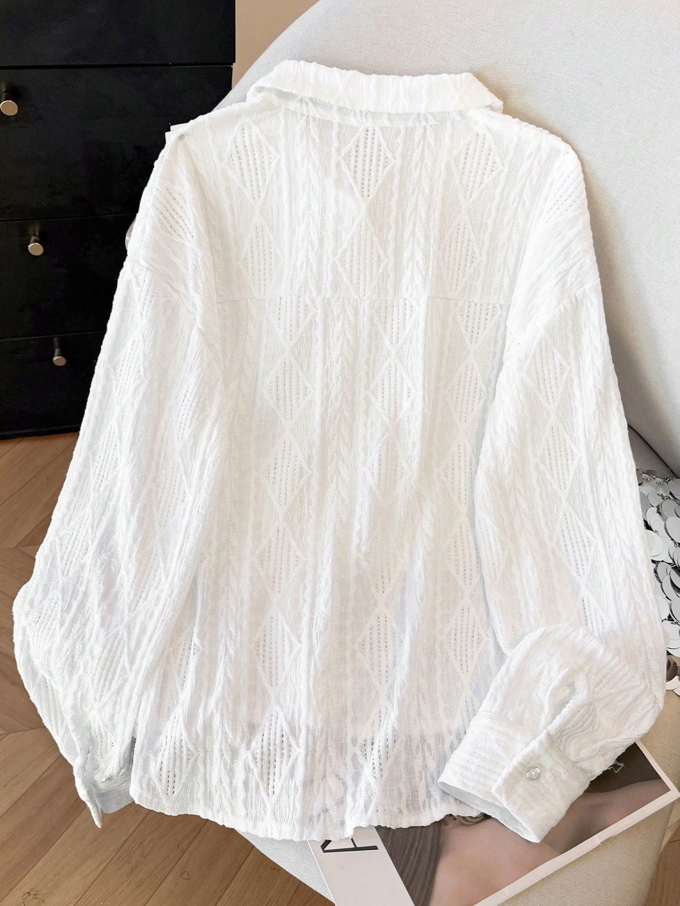 Women's Solid Color Minimalist Casual Hollow Long Sleeve Shirt shein