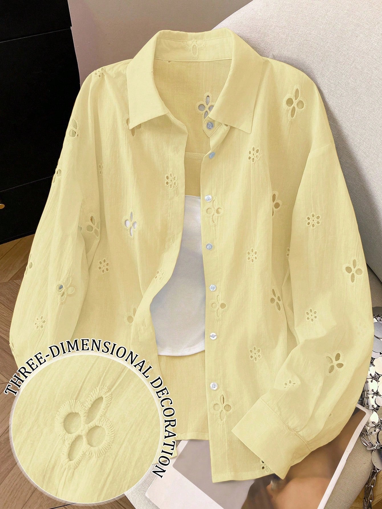 Women's Solid Color Minimalist Casual Hollow Long Sleeve Shirt shein