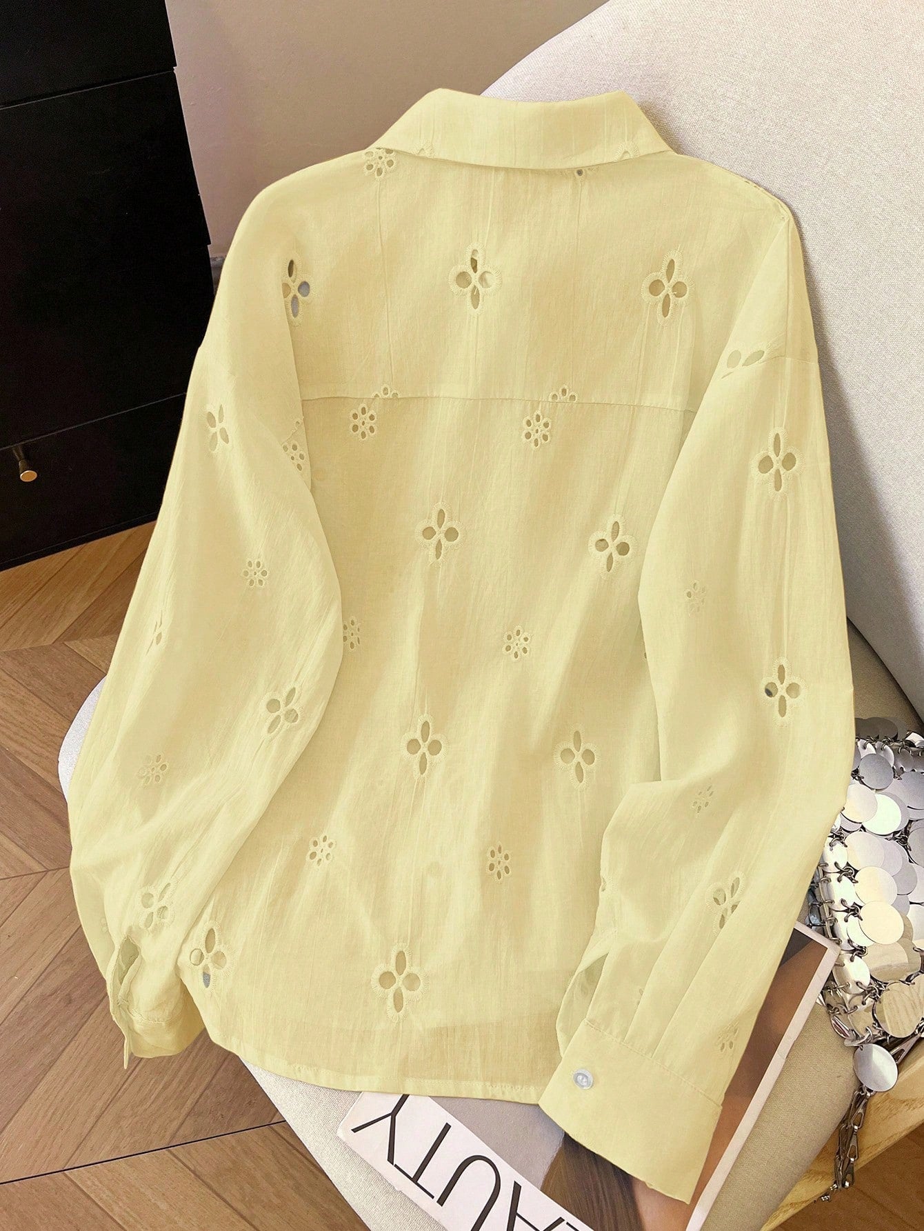 Women's Solid Color Minimalist Casual Hollow Long Sleeve Shirt shein