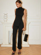 Mock Neck Split Hem Tank Top & Flare Leg Pants shein