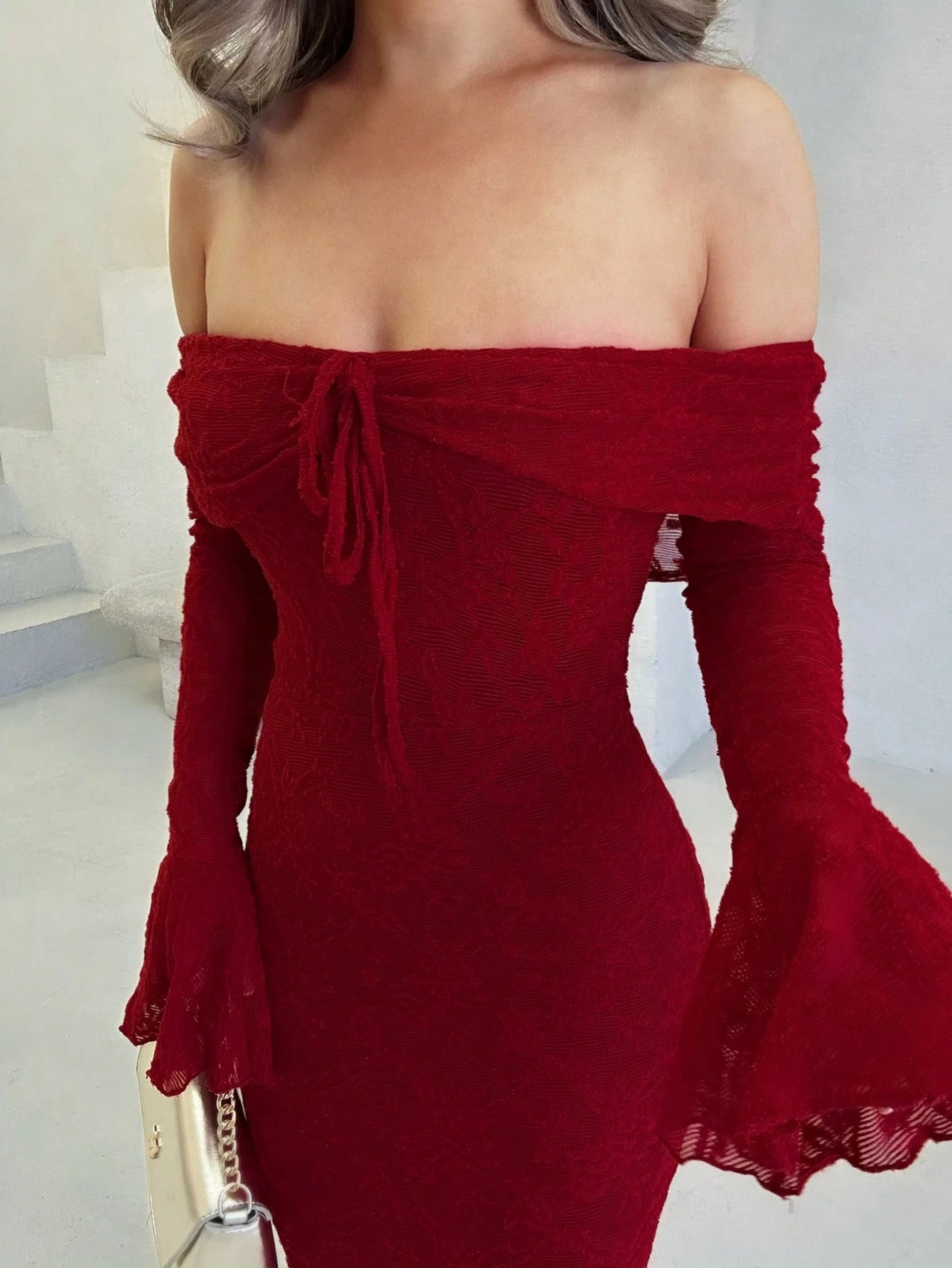 Jemour Women Off Shoulder Long Sleeve Front Tie Bodycon Dress shein