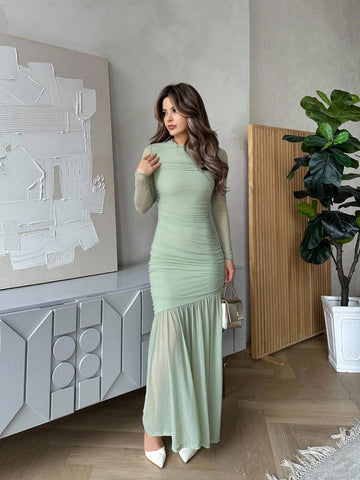 Women's Long Sleeve Round Neck Mesh Dress