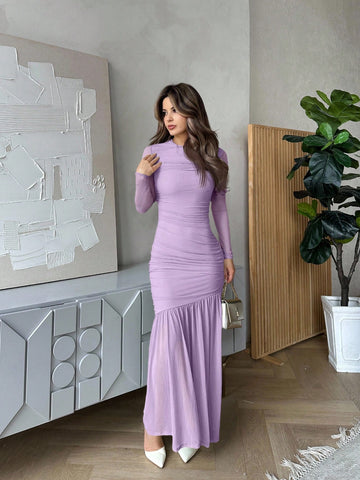 Women's Long Sleeve Round Neck Mesh Dress