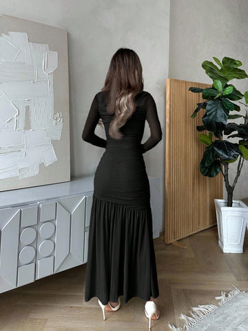 Women's Long Sleeve Round Neck Mesh Dress