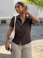 Jeta Ari Solid Color Textured Casual Short Sleeve T-Shirt shein