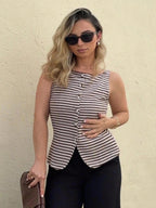 Women's Front Button Sleeveless Striped Simple Casual Shirt shein