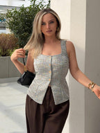 Women's Plaid Square Collar Single-Breasted Sleeveless Casual Shirt shein