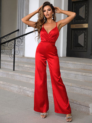 Joyfunear Surplice Neck Wide Leg Cami Jumpsuit shein