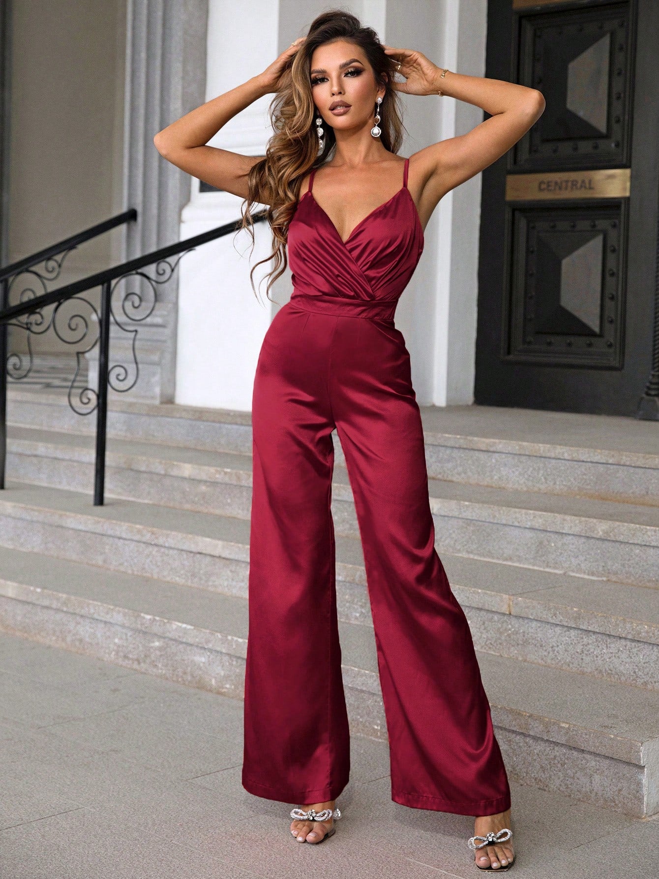 Joyfunear Surplice Neck Wide Leg Cami Jumpsuit shein