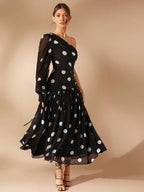 L'Amorae Elegant Polka Dot One Shoulder Long Sleeve Drop Waist Flowy Maxi Dress shein