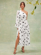 L'Amorae Elegant Polka Dot One Shoulder Long Sleeve Drop Waist Flowy Maxi Dress shein