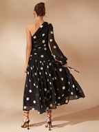 L'Amorae Elegant Polka Dot One Shoulder Long Sleeve Drop Waist Flowy Maxi Dress shein