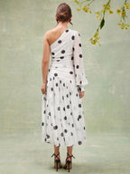 L'Amorae Elegant Polka Dot One Shoulder Long Sleeve Drop Waist Flowy Maxi Dress shein