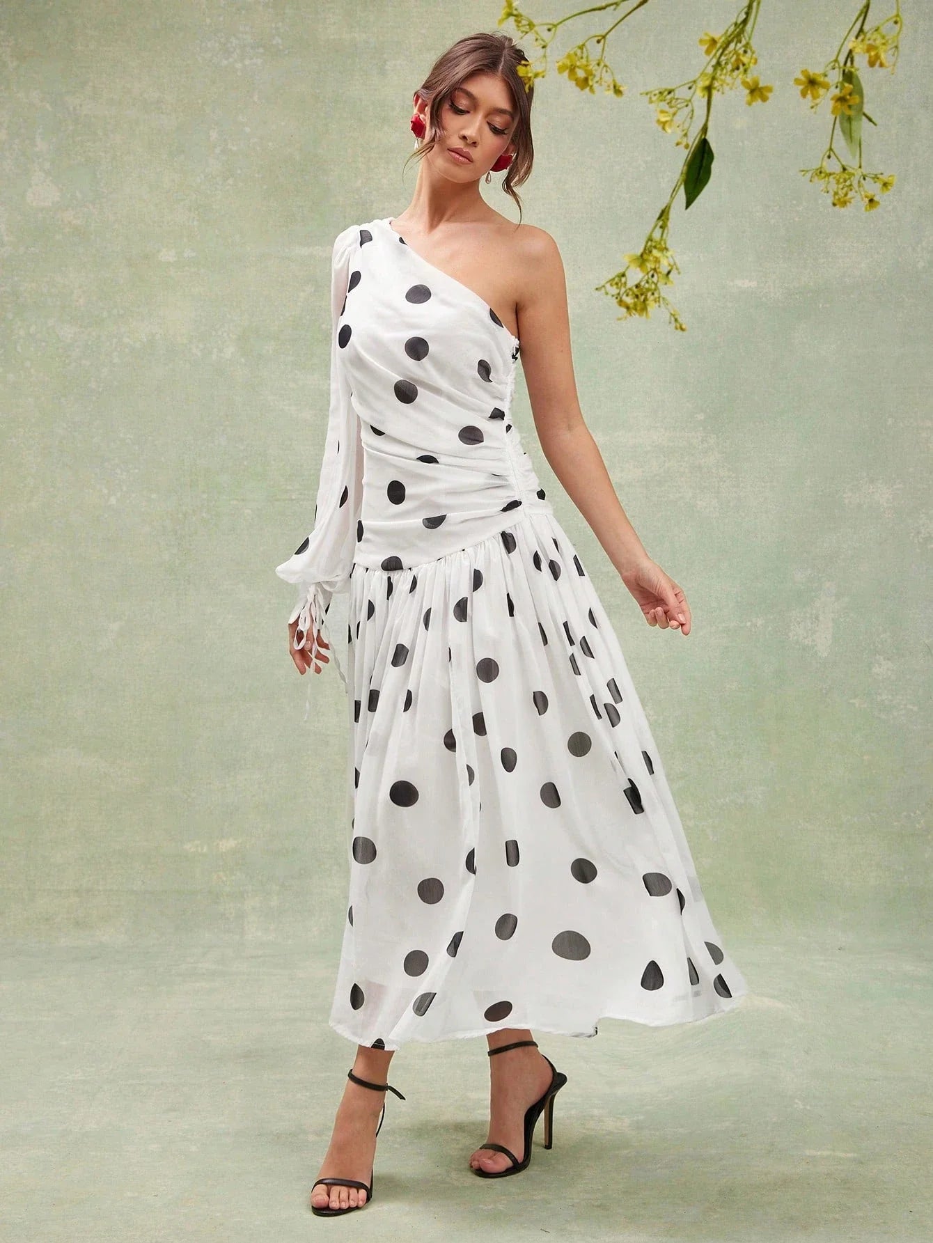 L'Amorae Elegant Polka Dot One Shoulder Long Sleeve Drop Waist Flowy Maxi Dress shein