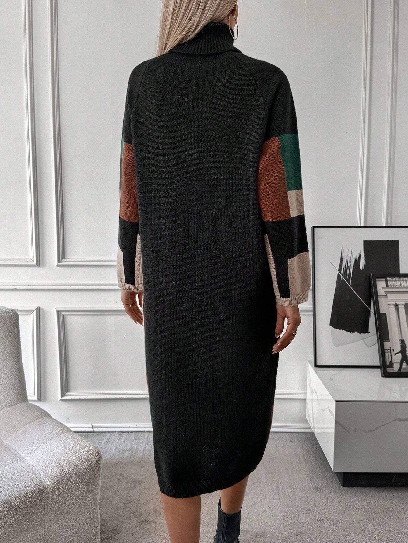 LUNE Color Block Turtleneck Raglan Sleeve Sweater Dress shein