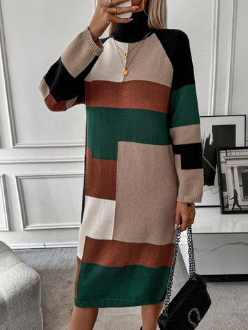 LUNE Color Block Turtleneck Raglan Sleeve Sweater Dress shein