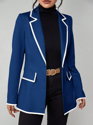 LUNE Contrast Binding Flap Detail Single Button Blazer shein