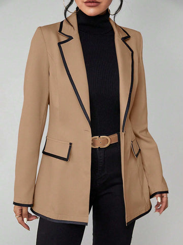 LUNE Contrast Binding Flap Detail Single Button Blazer shein