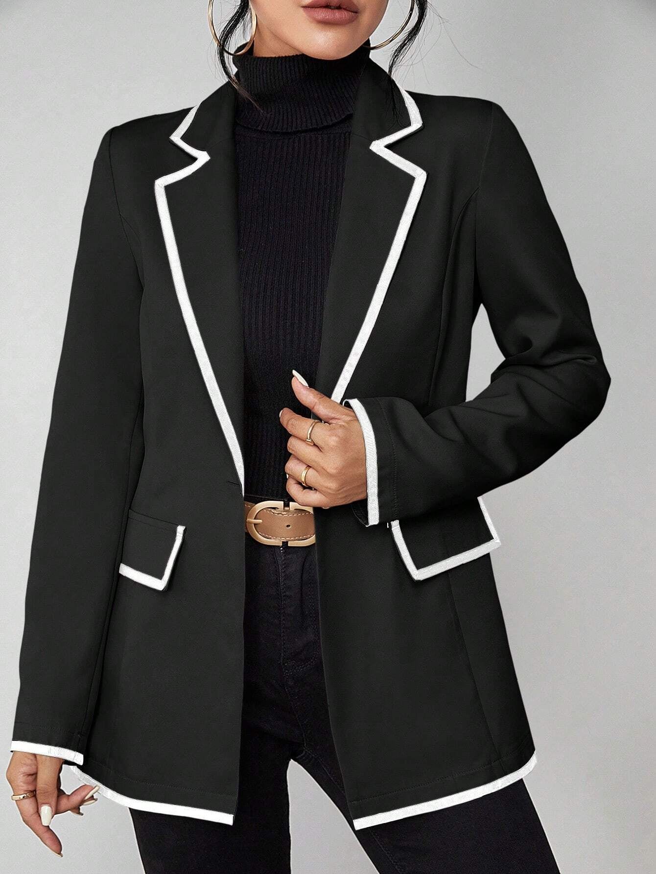 LUNE Contrast Binding Flap Detail Single Button Blazer shein