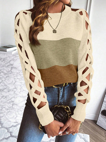 LUNE Cut Out Raglan Sleeve Crisscross Sweater shein