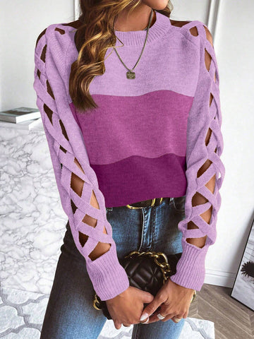 LUNE Cut Out Raglan Sleeve Crisscross Sweater shein