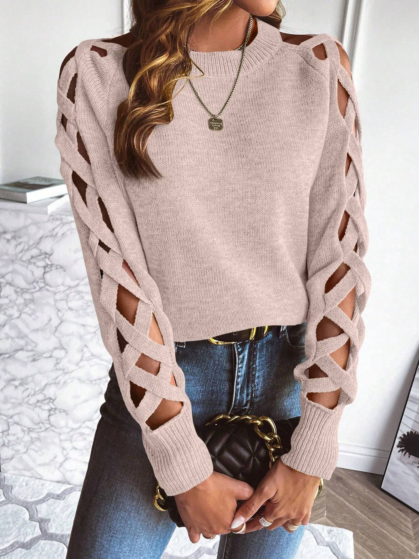 LUNE Cut Out Raglan Sleeve Crisscross Sweater shein