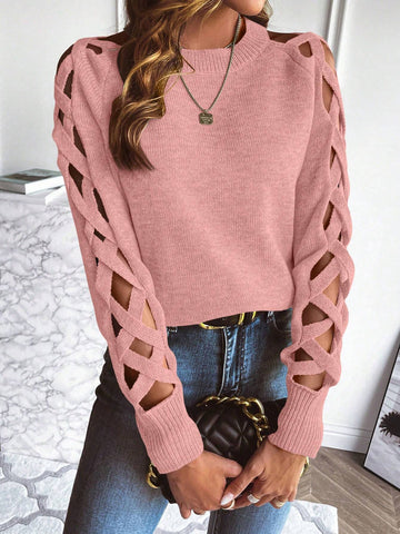 LUNE Cut Out Raglan Sleeve Crisscross Sweater shein