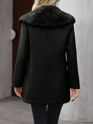 LUNE Fuzzy Collar Dual Pocket Overcoat shein