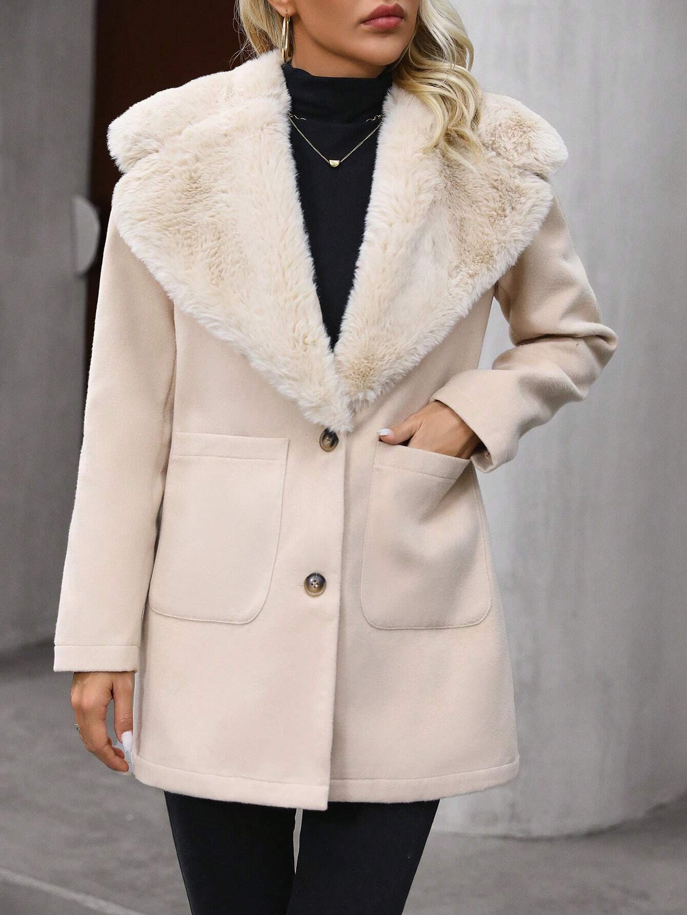 LUNE Fuzzy Collar Dual Pocket Overcoat shein