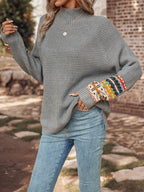 LUNE Geo Pattern High Neck Raglan Sleeve Sweater shein